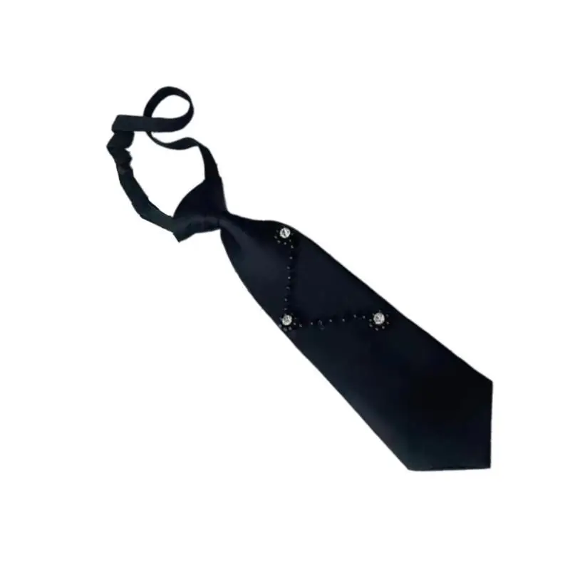 39BD Uniform Black Ties for Senior High School Girl Uniform Pre-tied Preepy Look Adjustable Neck Ties with Crystal