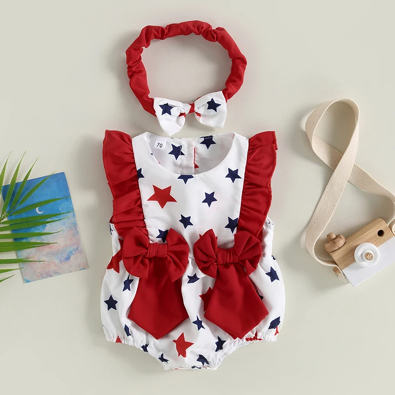 

2023-03-11 Lioraitiin Baby Girl 4th of July Bodysuit Outfits Sleeveless Bow Front Star Print Jumpsuit with Headband Set