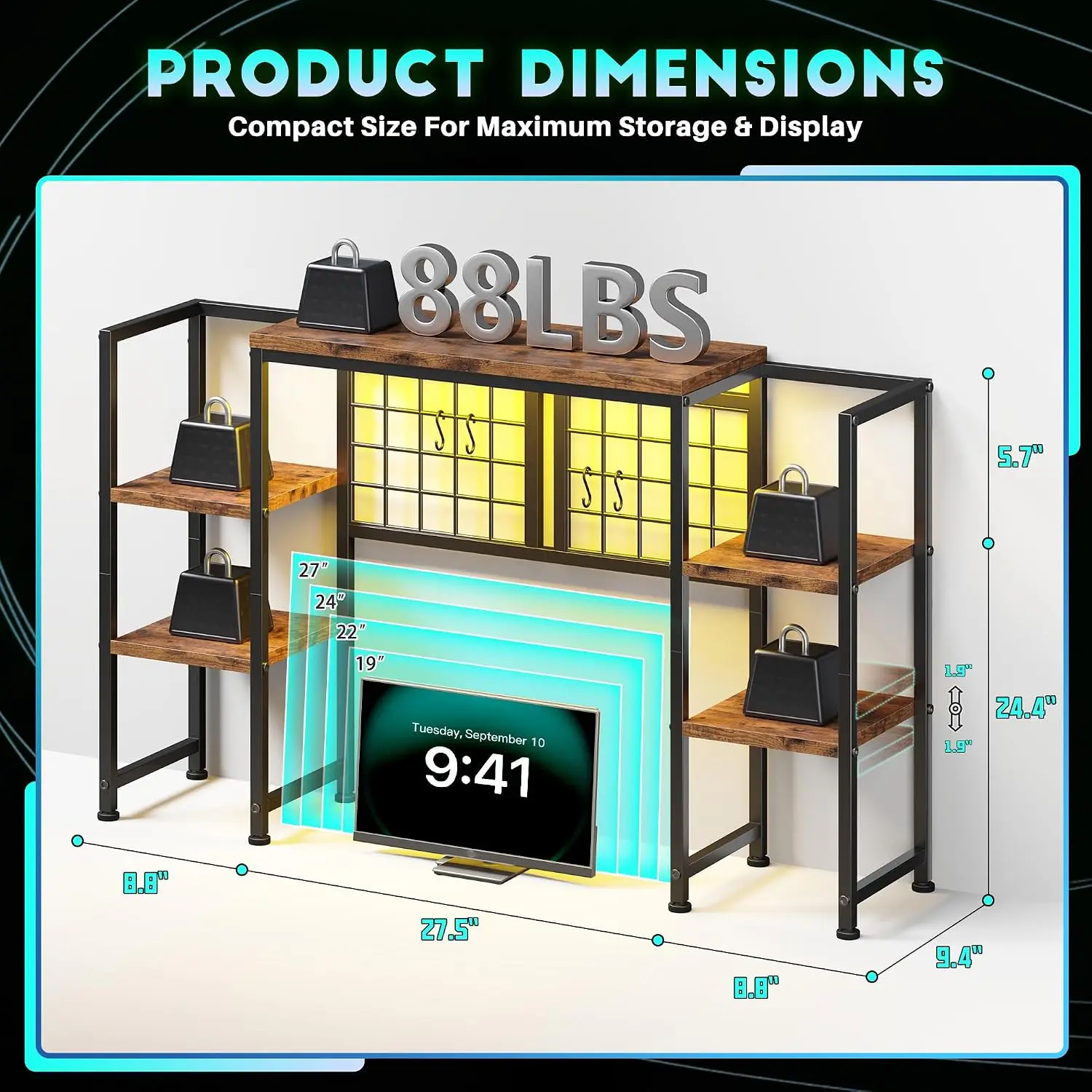 5-Tier Desk Shelf with Adjustable Shelves, LED Lighting (7 Colors & 3 Modes), MDF+Steel Frame, Grid Panel & Hooks for Home Office, Dorm, Gaming