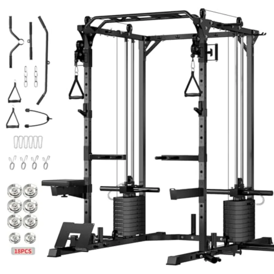 

Многофункциональная силовая стойка с кроссоверной системой и кабельной системой, грузоподъемность 2200 фунтов, двойные блоки, весовой стек 180 фунтов, тяга вниз (LAT Pulldown), 20+ насадок