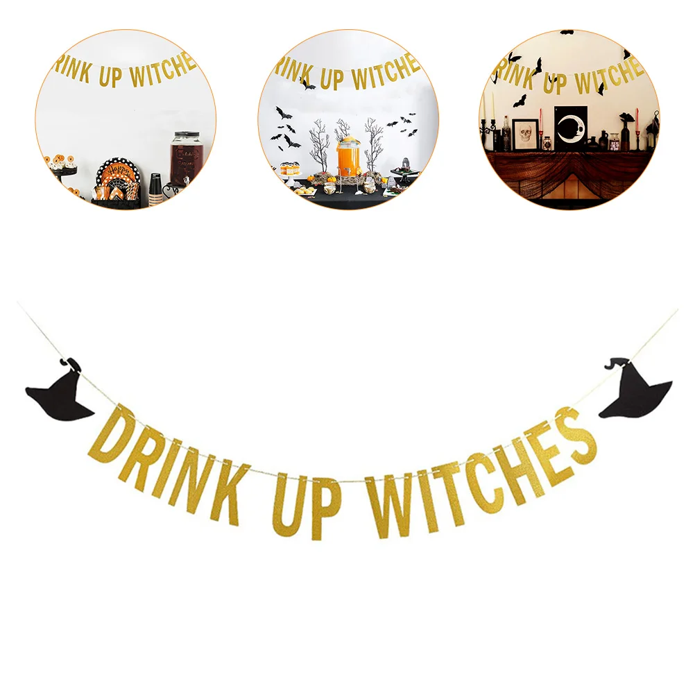 Gold Decor Halloween Pull Flag Banner Drink Up Witches Happy European and American Party Ceiling Hanging Decorations