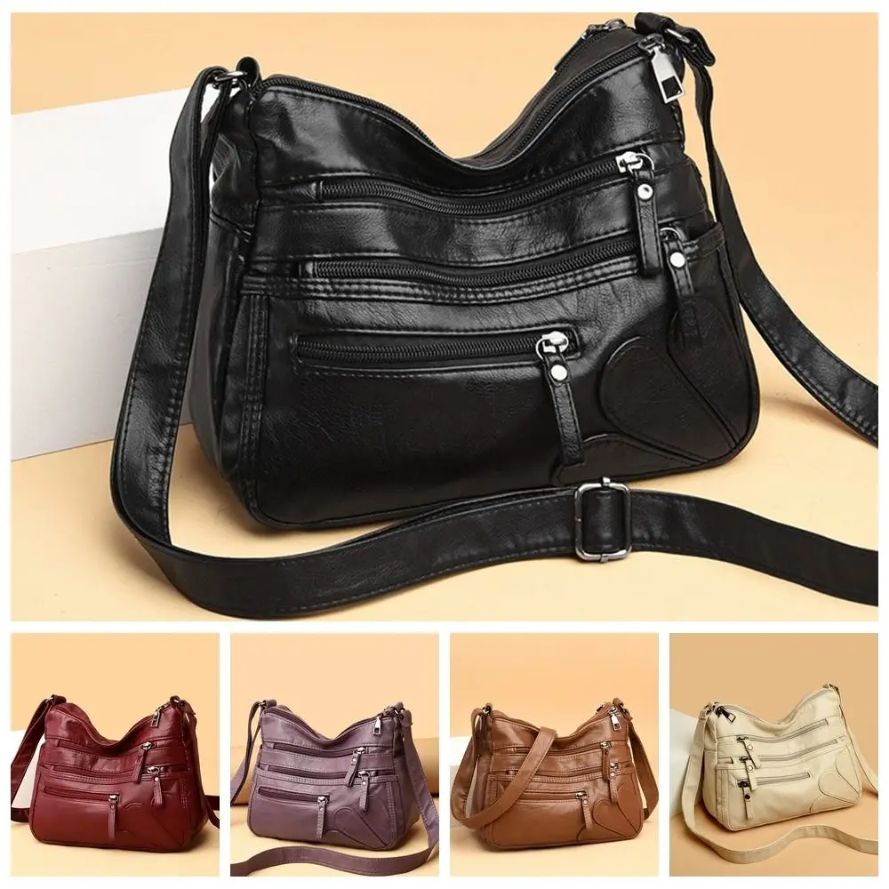 Fashion Leather Crossbody Bag Soft Multi-layer Tote Bag Large Capacity Buying Vegetable Bag Middle-Aged Women