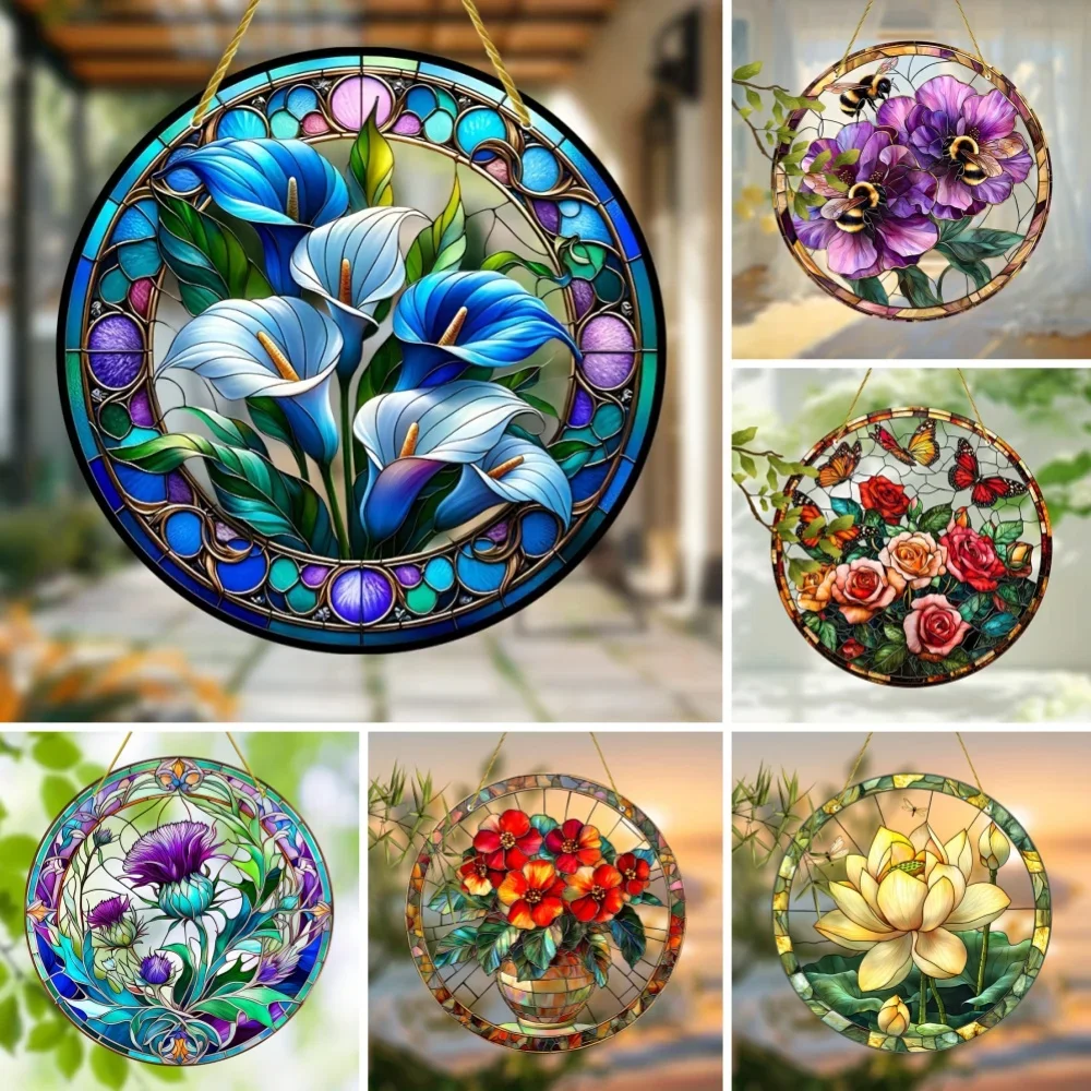 Flower Theme Window Hanging, Round Acrylic Sky Suncatcher for Wall Window Horticultural Ornaments, Home Room Yard Decor