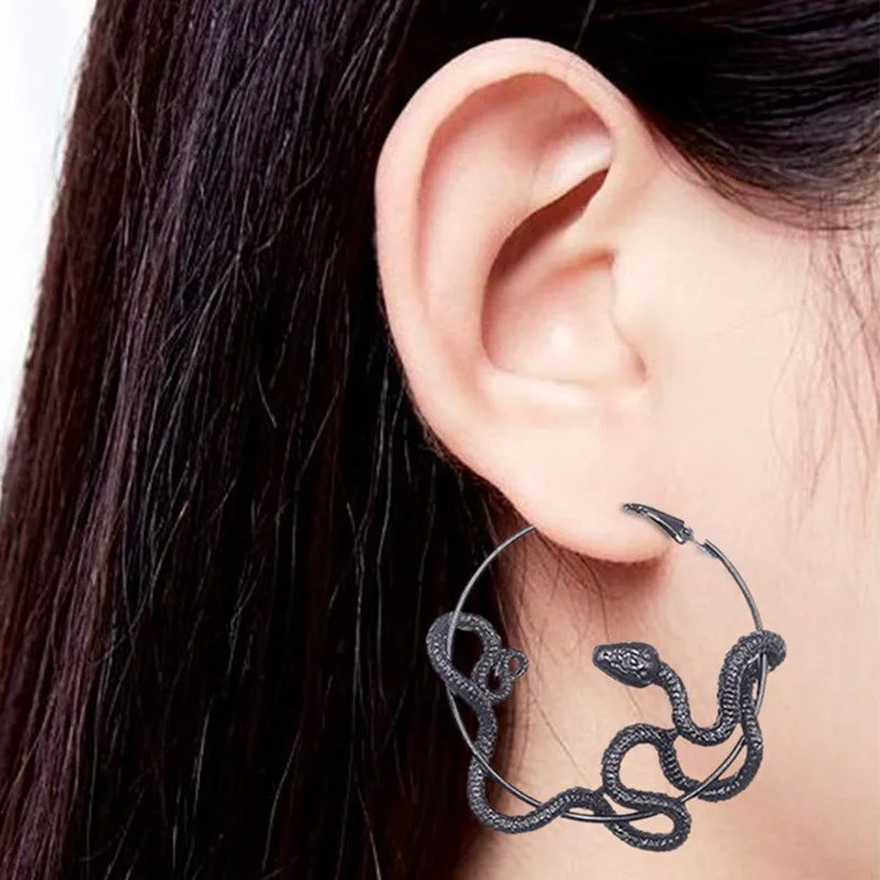Personality Gothic Cool Punk Antique Animal Black Snake Earrings Crazy Twining Snake Hoop Earrings Statement Earrings Party