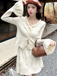 Elegant Casual Knitted Two-piece Skirt Set Women Flare Sleeve V-Neck Cardigan Mini Pleated Skirt Autumn Y2K Slim Fit Outfits New