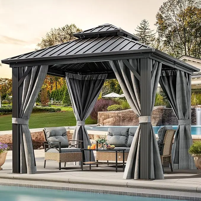 Gazebo Hardtop with Nettings and Curtains Heavy Duty Double Roof Galvanized Steel Outdoor Combined of Vertical Stripes Roof