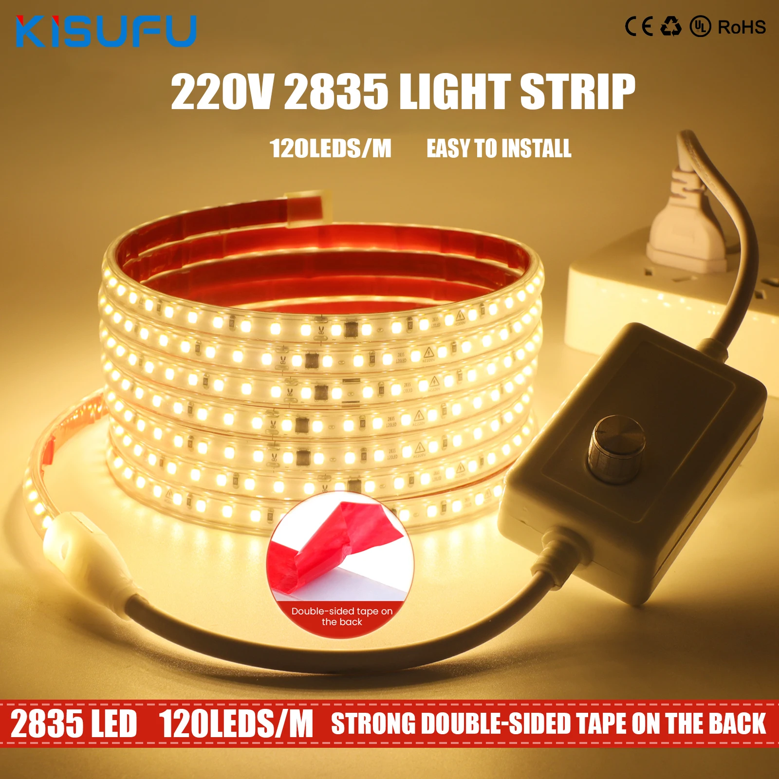 220V LED-striplicht dimbaar met dimmer/schakelaar/stekker lint streep lijm 120 LEDs/m flexibele LED-tape IP65 waterdicht