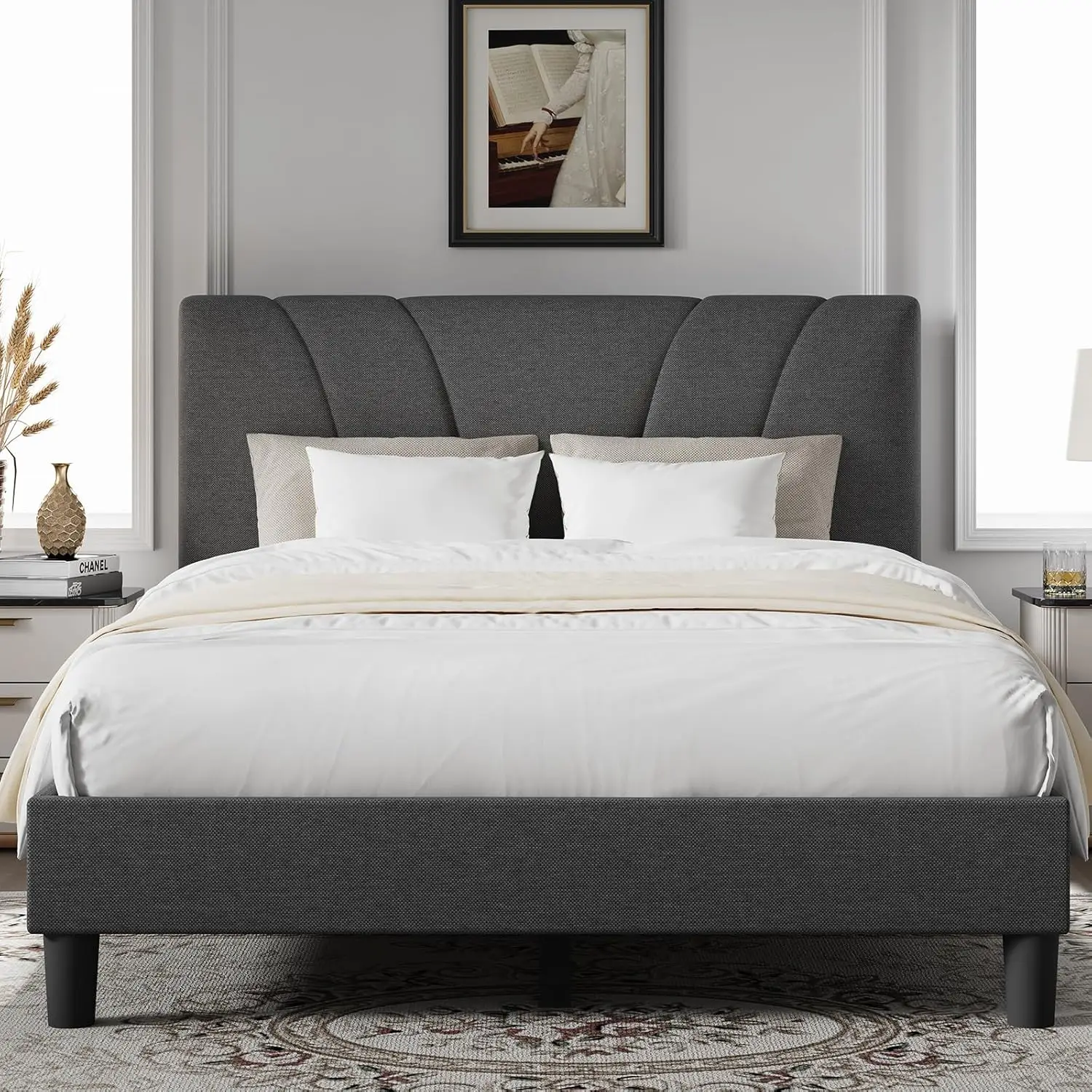 

Full Bed Frame Upholstered Platform Full Size Bed Frame with Adjustable Headboard, Strong Weight Capacity, No Box Spring Needed