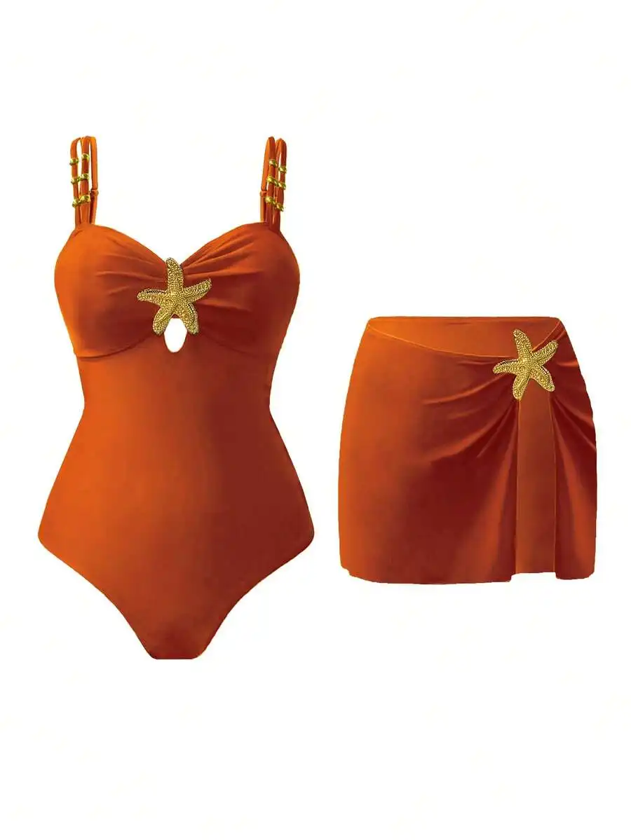 

Orange Starfish Embellished One Piece Swimsuit With Matching Skirt Cover Up