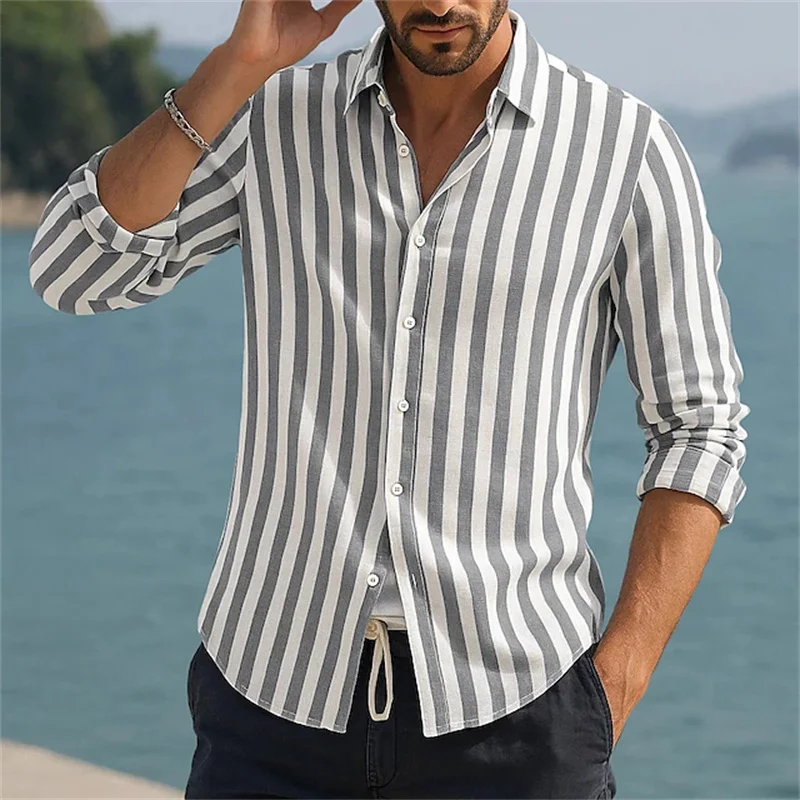 Black and White Stripe Print Men Long-sleeved shirt Fashion Lapel Loose Top Casual Simple Style Men's Social Shirt Daily T-shirt