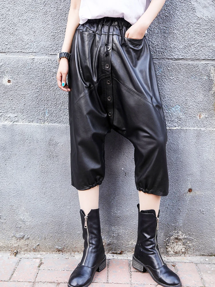 Spring New High Quality Genuine Real Leather Pants Women's Sheepskin Cropped Loose Baggy