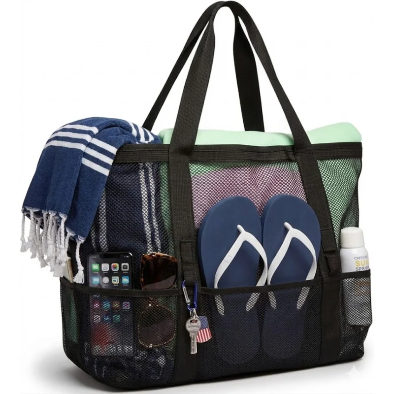 Oversized Mesh Beach Bag With 9 Pockets Quick Dry Sand Free Toy Organizer Tote Pool Cruise Travel Must Haves