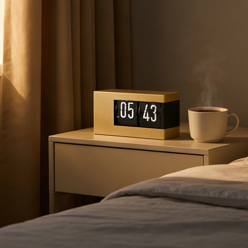 Modern Minimalist Japanese Style Desktop Clock with Perpetual Calendar Page Turning Feature Silver Wood Grain Finish for Home &