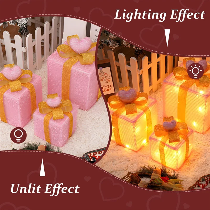 3Pcs/Set PVC Christmas Gift Box Set Luminous Folding Christmas Lighting Box with Bow Ribbon Christmas Glowing Decoration Outdoor