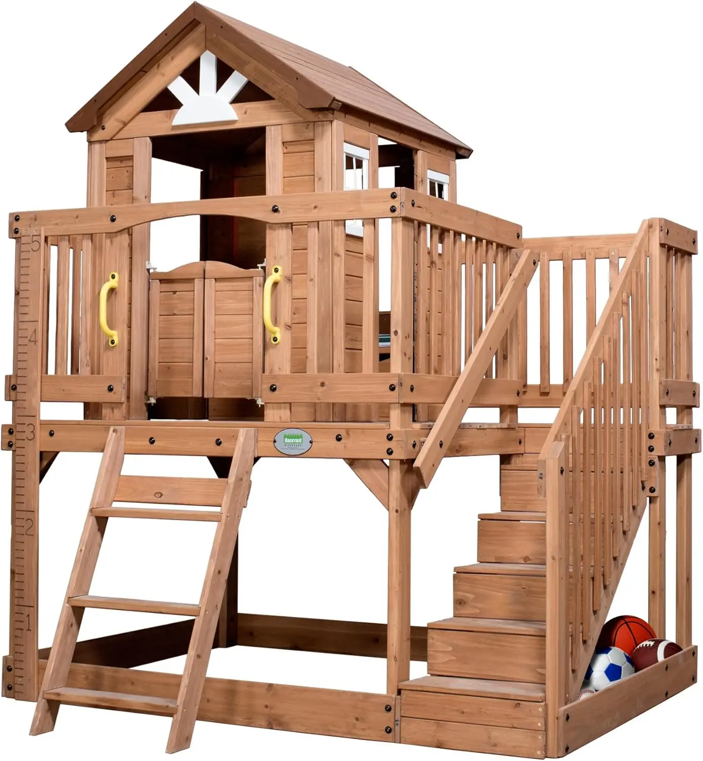 Scenic Heights All Cedar Wooden Playhouse, Upper Deck Cottage Style, Saloon Style Doors, Ladder, Stairs, Play