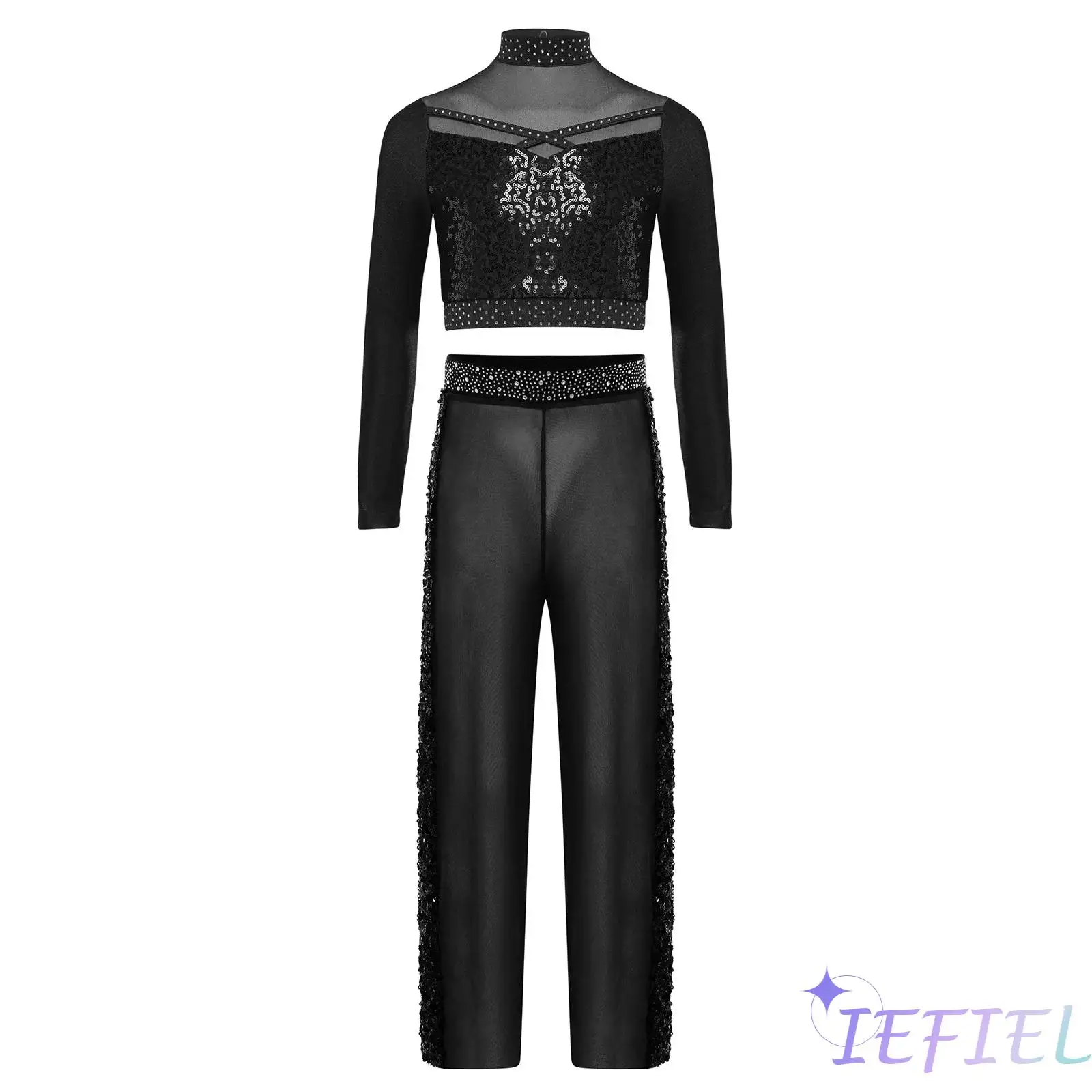 

Kids Girls Jazz Stage Dance Outfit Mock Neck Long Sleeve Shiny Sequin Crop Top with Pants for Latin Tango Dance Performance Wear