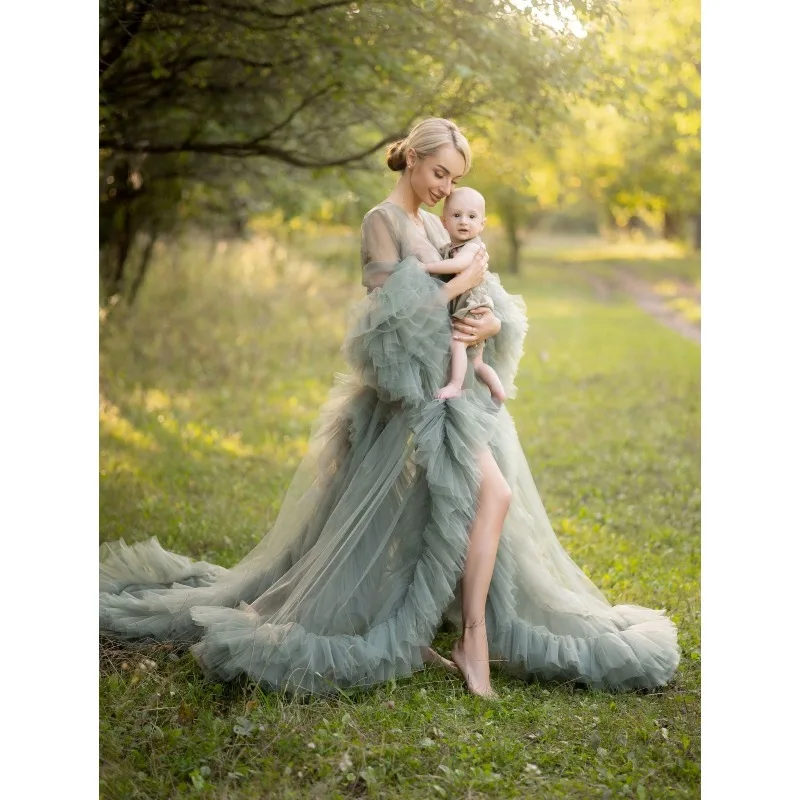 Sage Green Tulle Maternity Robe – Maxi Sheer Boudoir Gown with Train & Puffy Sleeve for Pregnancy Photoshoot