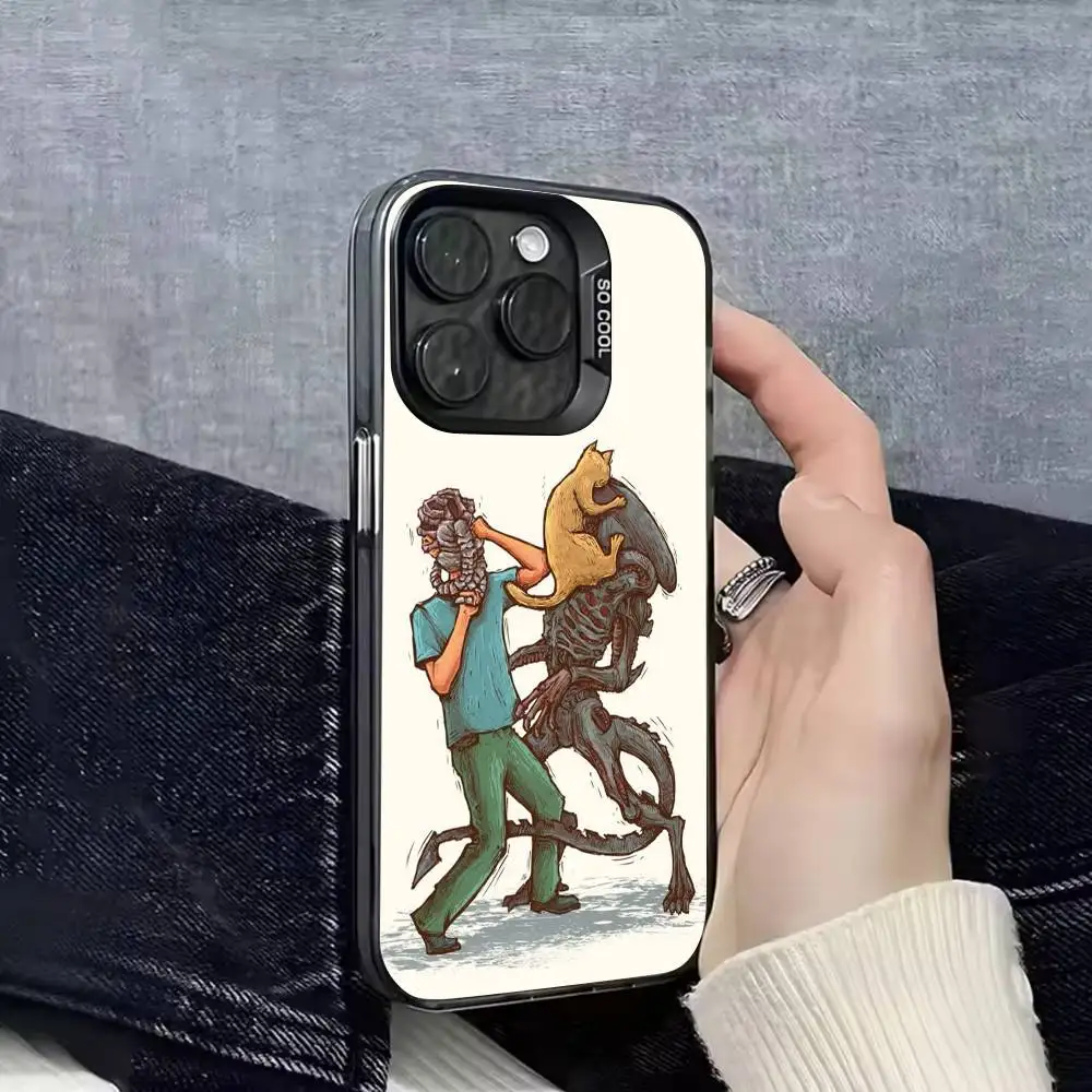 Cat A-Alien X-Xenomorph Phone Case For iPhone 17,16,15,14,13,12,11,Pro,Max,Plus,E,SE4,Air,Mini Black IMD Cover