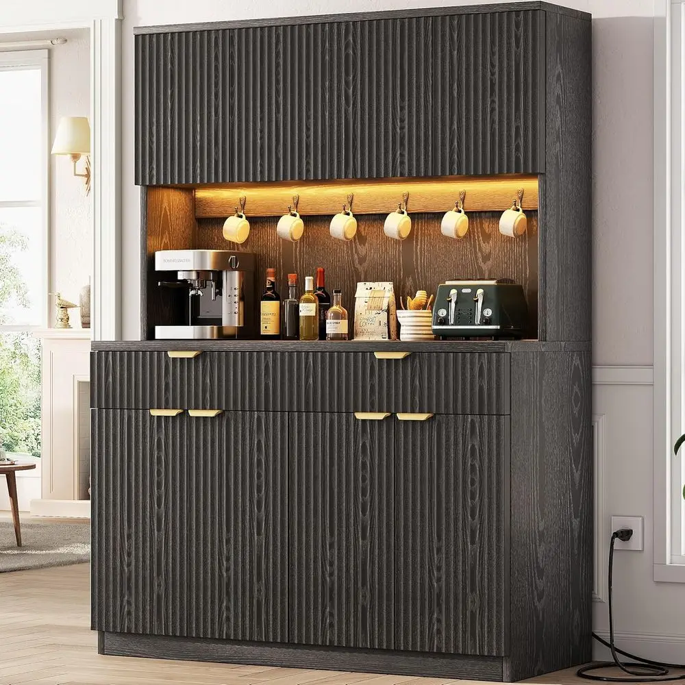 

luted Kitchen Pantry Storage Cabinet with Charging Station/LED Light/Der/Do/Shelves, 71'' Tall Kitchen ood Hutch with Microwave