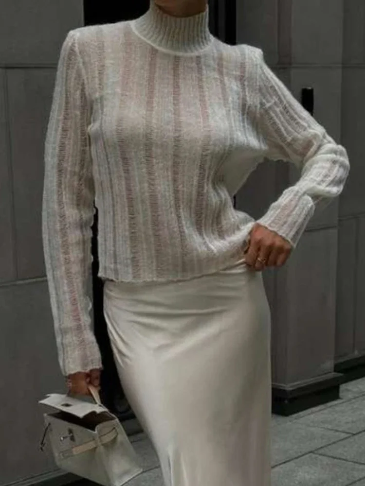 

Sexy High-Neck Knit Sweater See-Through Openwork Long Sleeves Solid Slim Women's Clothing Autumn New Female Knitwear