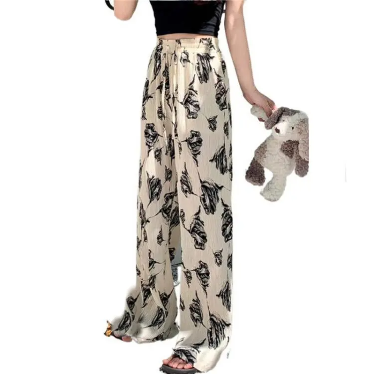 

Spring Women's Wide-leg Pants High-waisted Pleated Rose Printed Trousers Tie-dye Mopping Casual Pants broeken plus size