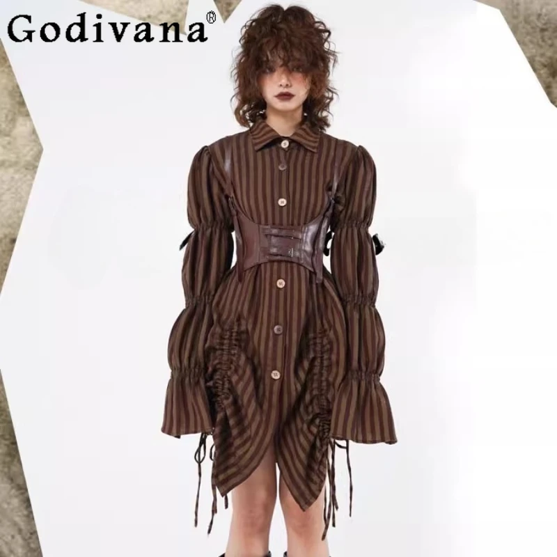 

Loose Lace-up Long Puff Sleeve Striped American Coffee Brown Shirt Dress Spring Autumn Girls Turn-down Collar Versatile Long Top