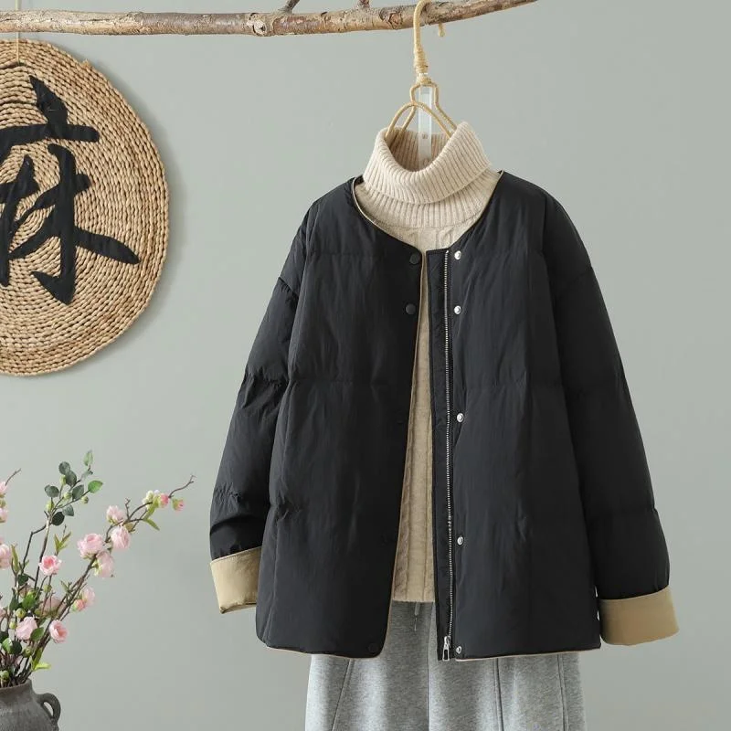 

Tofu Blo Women's Casual Loose Fit round Ne down Jaet Korean Sle Lightweight Large Size Outerwear for Winter