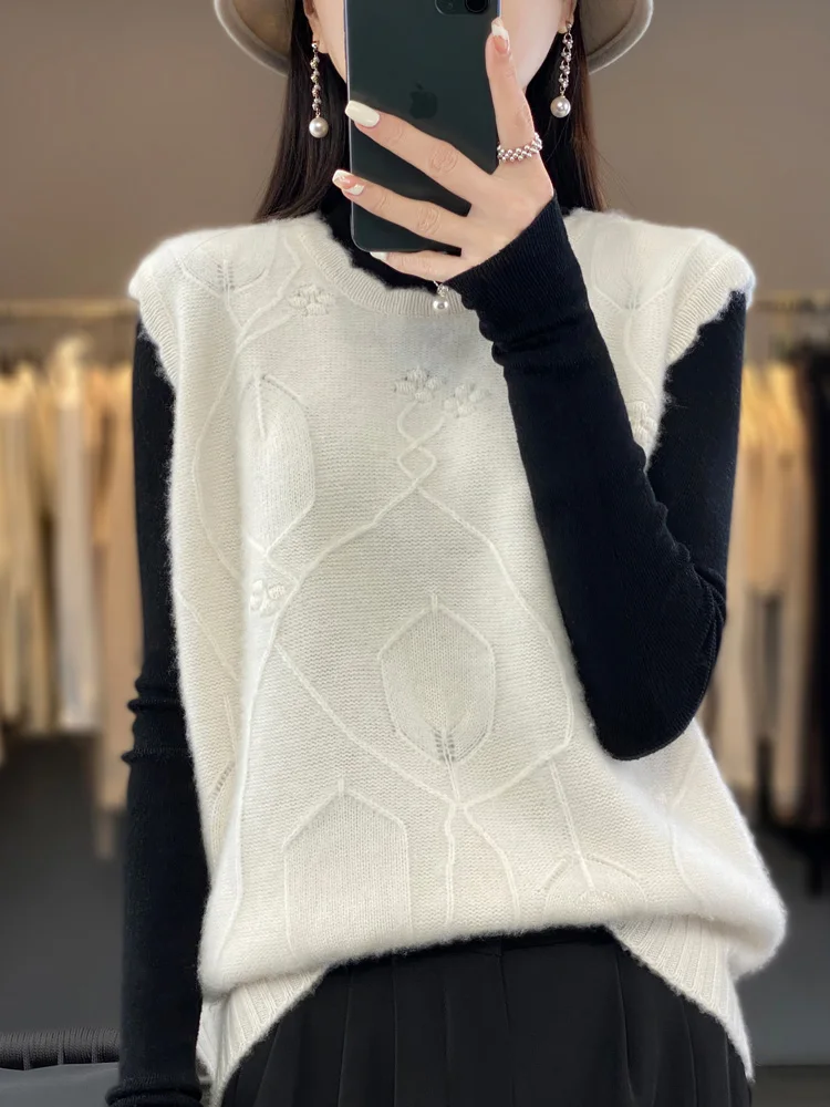 New Fall Winter Women's Sweater Vest 100% Australian Wool Sleeveless O-Neck Pullovers Jacquard Knitting Top High-Grade Outerwear