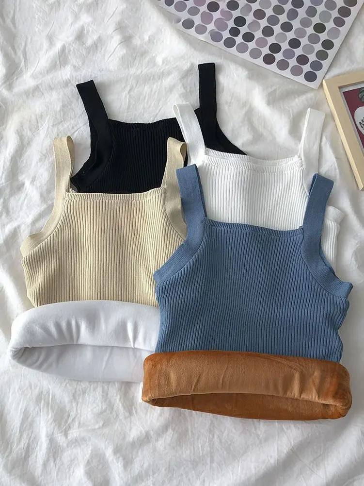 Autumn Winter Fleece Knit Tank Tops Women Thin Strap Sleeveless T-Shirt Female Backless Basic Tops Camis Lady Casual Solid color