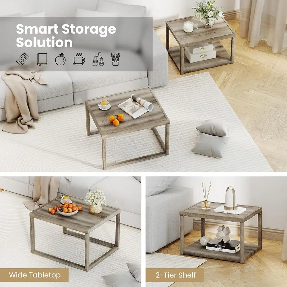 2-Piece Nesting Coffee Table Set, Stackable 2-Level End Tables with Storage, Rubberwood Frame, Grey Oak Finish, Ideal for Small