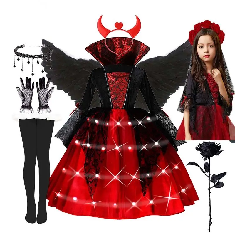 Vestido de diablo y vampiro de manga larga para niñas, vestido de tul con encaje y diadema con cuernos de tridente, conjunto de fiesta de cosplay de Halloween