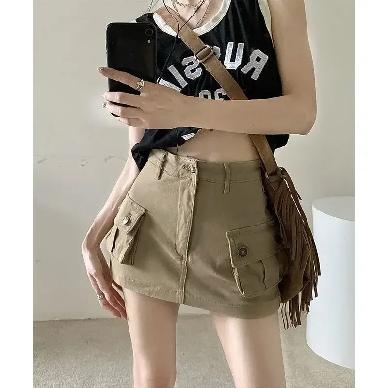 

Khaki American Style Girl Denim Mini Skirt Women's Spring Summer New High Waist Bodycon Outerwear Half Body Skirts for Women