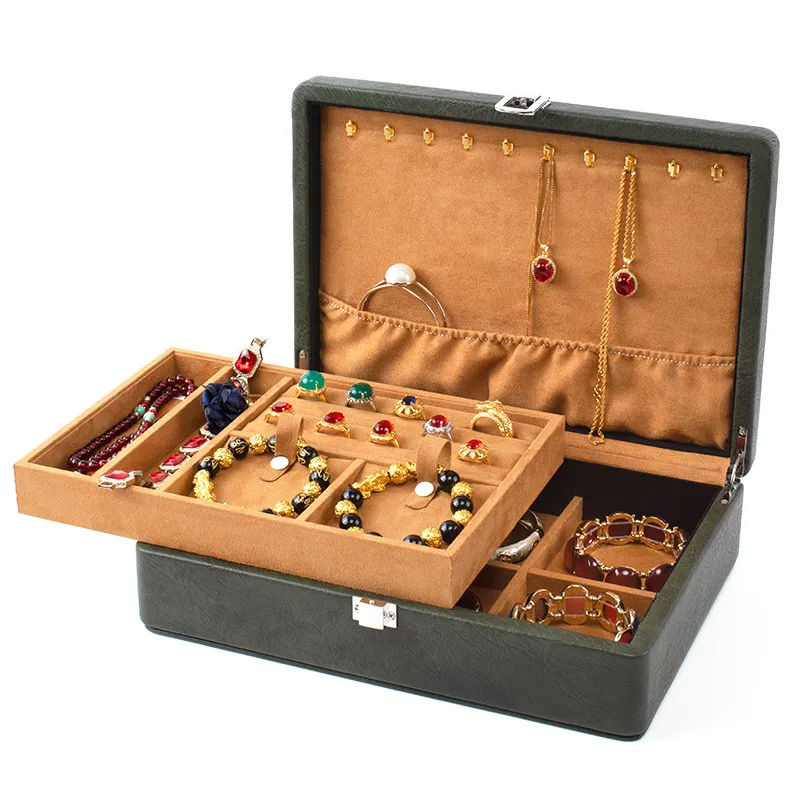 New multi-function large capacity metal clasp double-layer storage jewelry box, ring stud pendant set box, PU leather jewelry cl