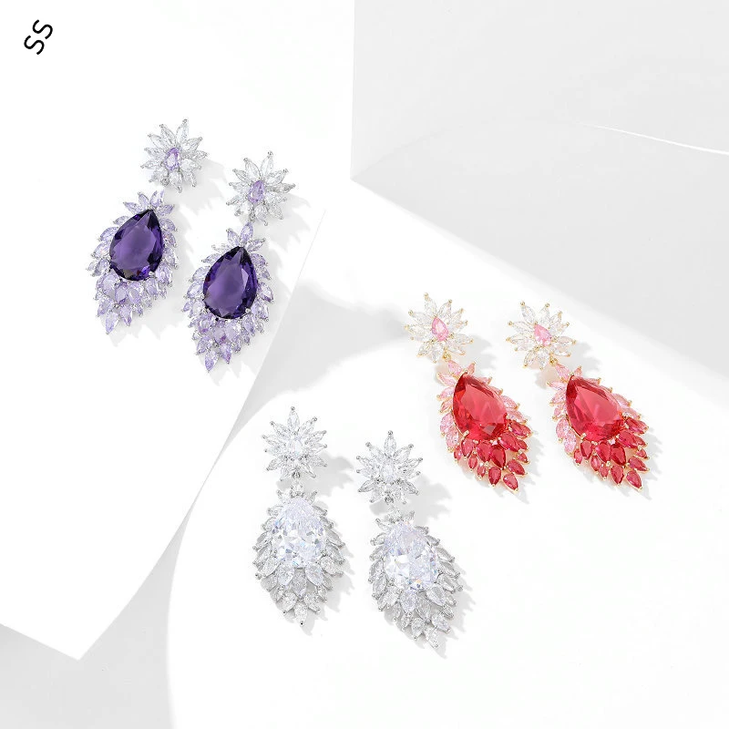 New Banquet Dress Bridal Wedding Dress Drop Earrings Super Flash Zircon Gemstone Ear-pin Accessories for Garment Ornaments