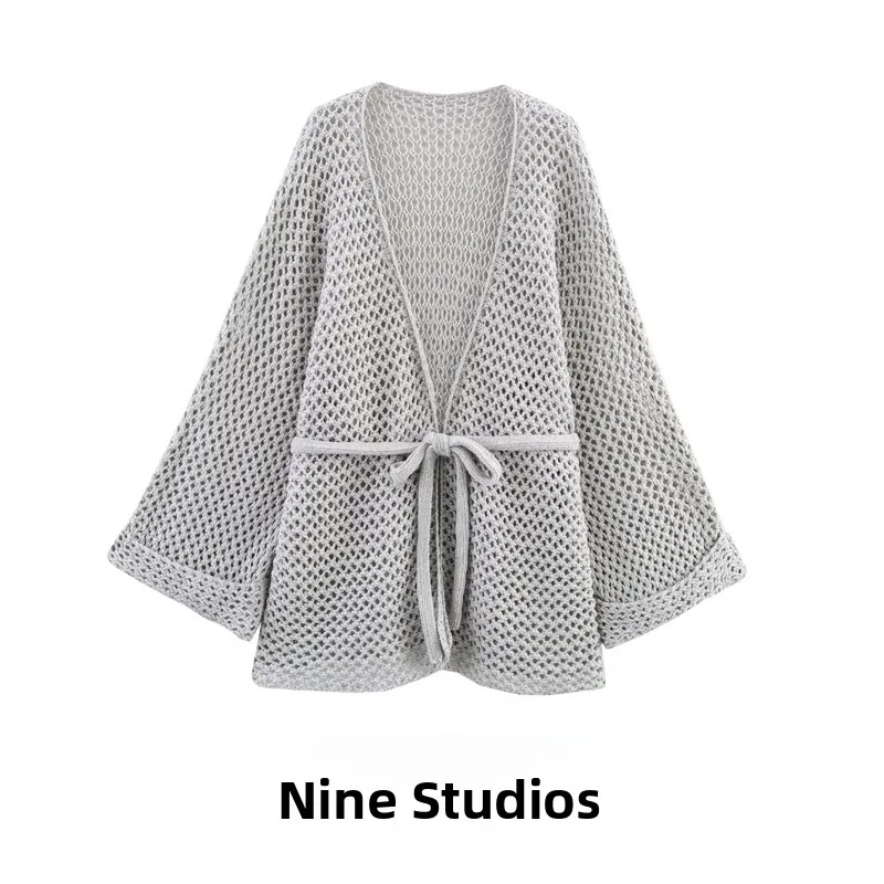 

Loose Casual Knitted Open Cardigan Women's Faion with Belt Hollow Design V-ne Long Sve Mid-length Pure Color Coat