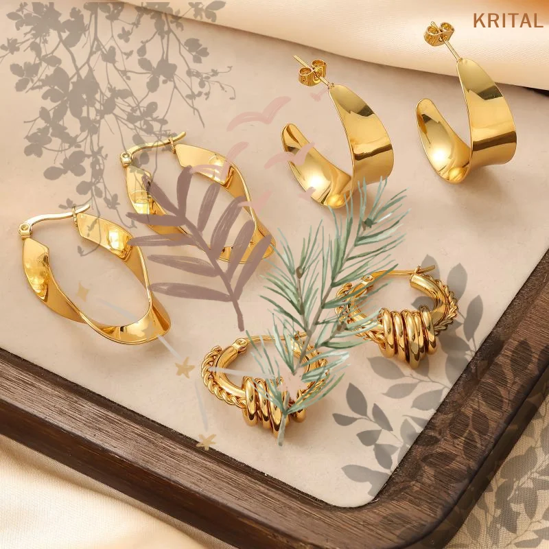 Stainless Steel Gold Color Hoop Earrings Retro Geometric Twisted Beaded C Shape Earring Jewelry For Women Daily Party Decor
