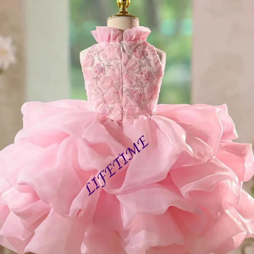 CustomizedPink Flower Girl Dress High Neck Beaded Knee Length Princess Kids Wedding Birthday Party Pageant Formal Gown