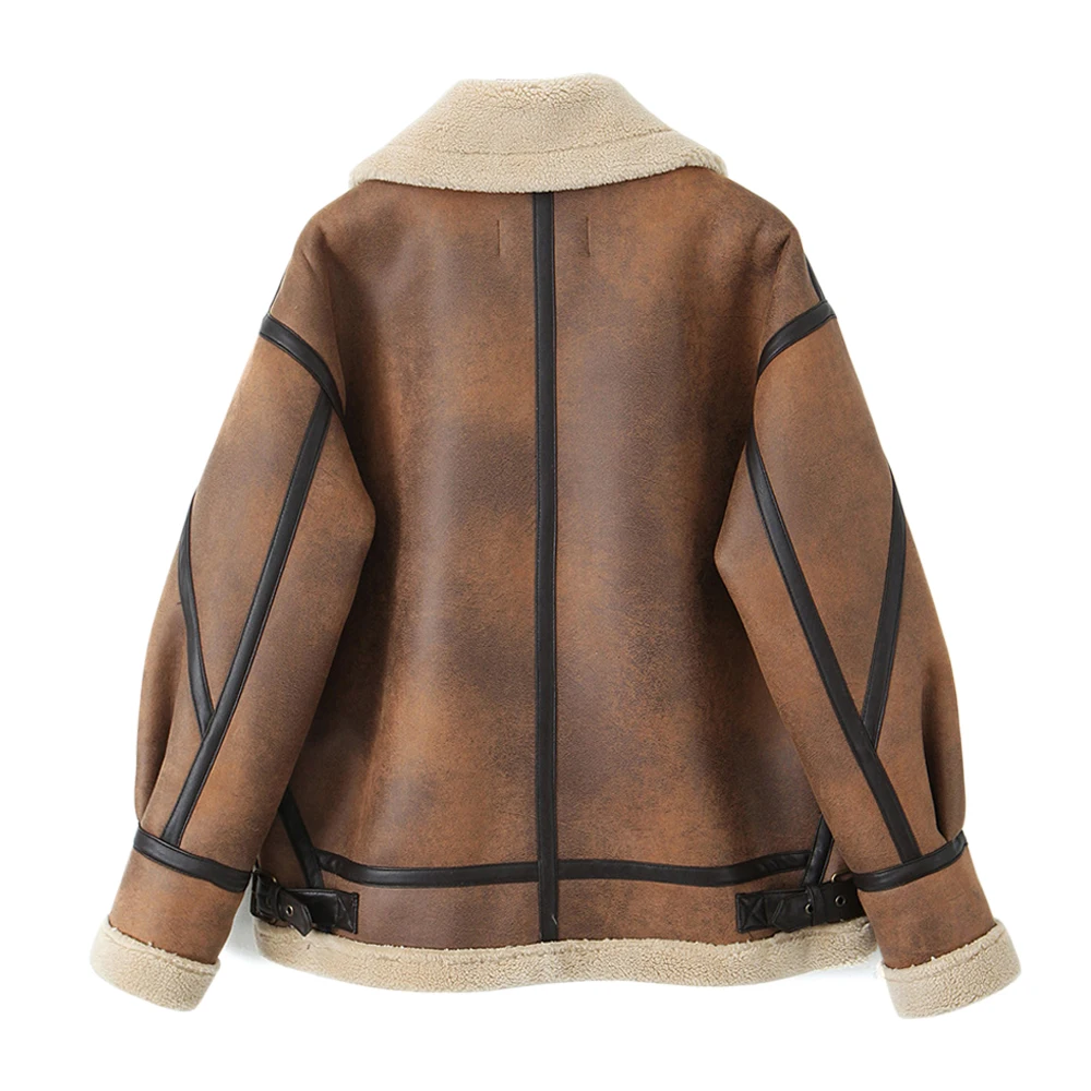 TRAF ZR-Chaqueta de piel sintética con manga larga y puños para mujer, abrigo elegante con bolsillos delanteros en contraste, prendas de vestir exteriores para invierno, 2024