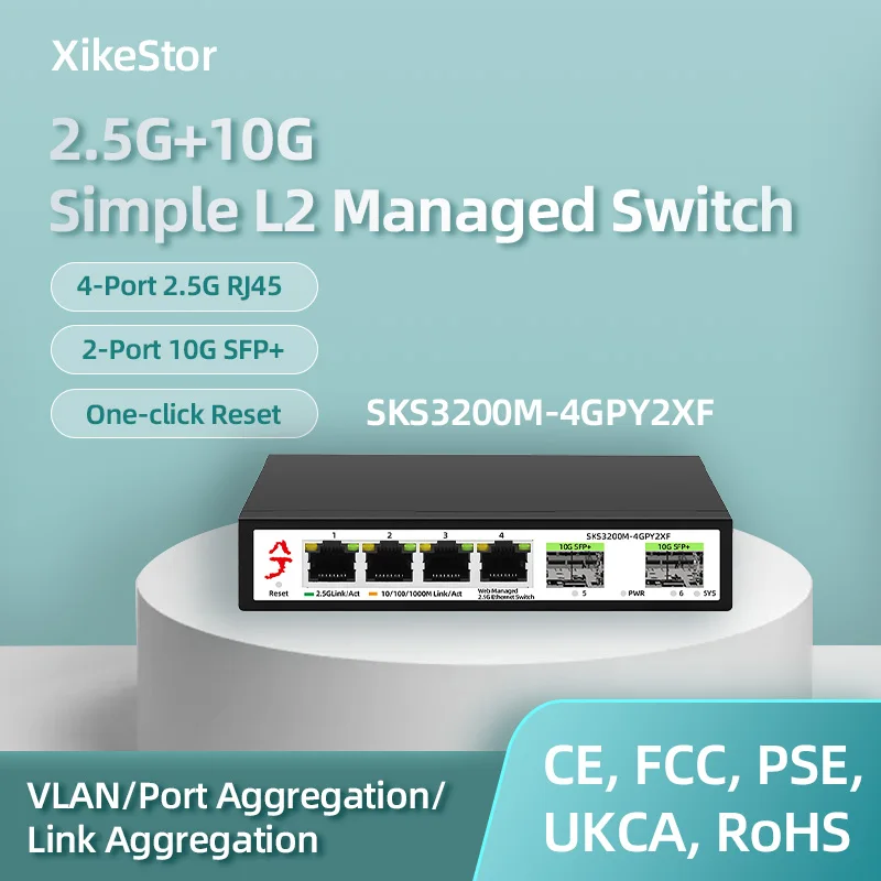 XikeStor 2.5G Simple L2 Managed 4-Port 2.5G RJ45 2-Port 10G SFP+ Ethernet Support VLAN/ Port Aggregation/ LACP