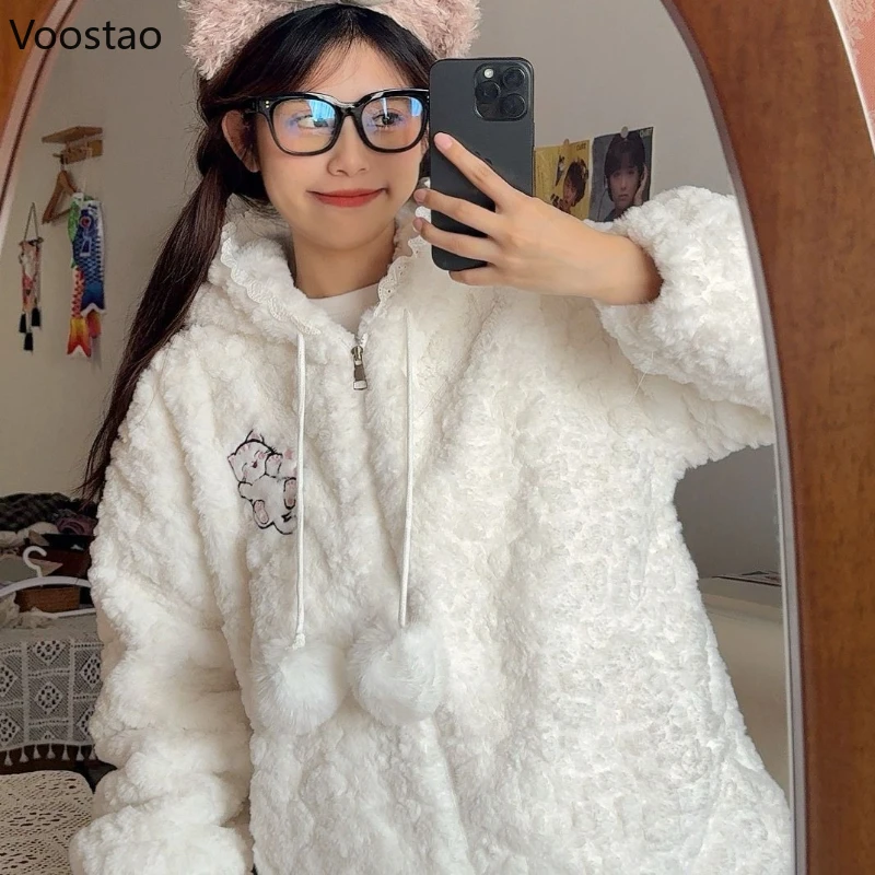 Autumn Winter Kawaii Lolita Style Plush Coat Women Sweet Embroidery Cat Ears Hooded Jacket Girls Harajuku Cute Faux Fur Overcoat