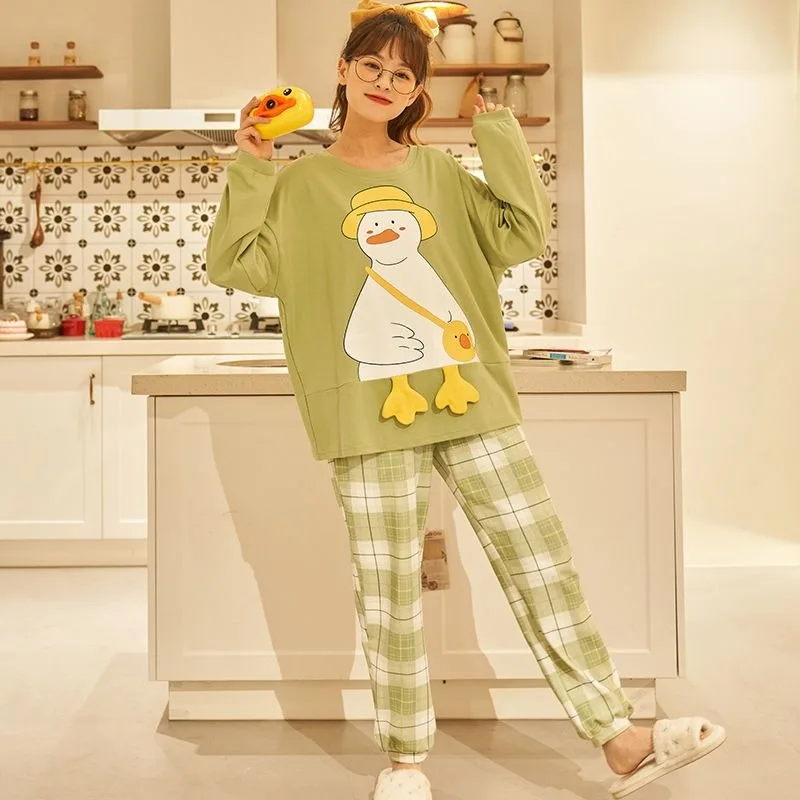 2024 New 100% Cotton Pajamas Women's Autumn Winter Sleepwear Long Cartoon Pullover Loungewear Round Neck Sweet Loose Homewear