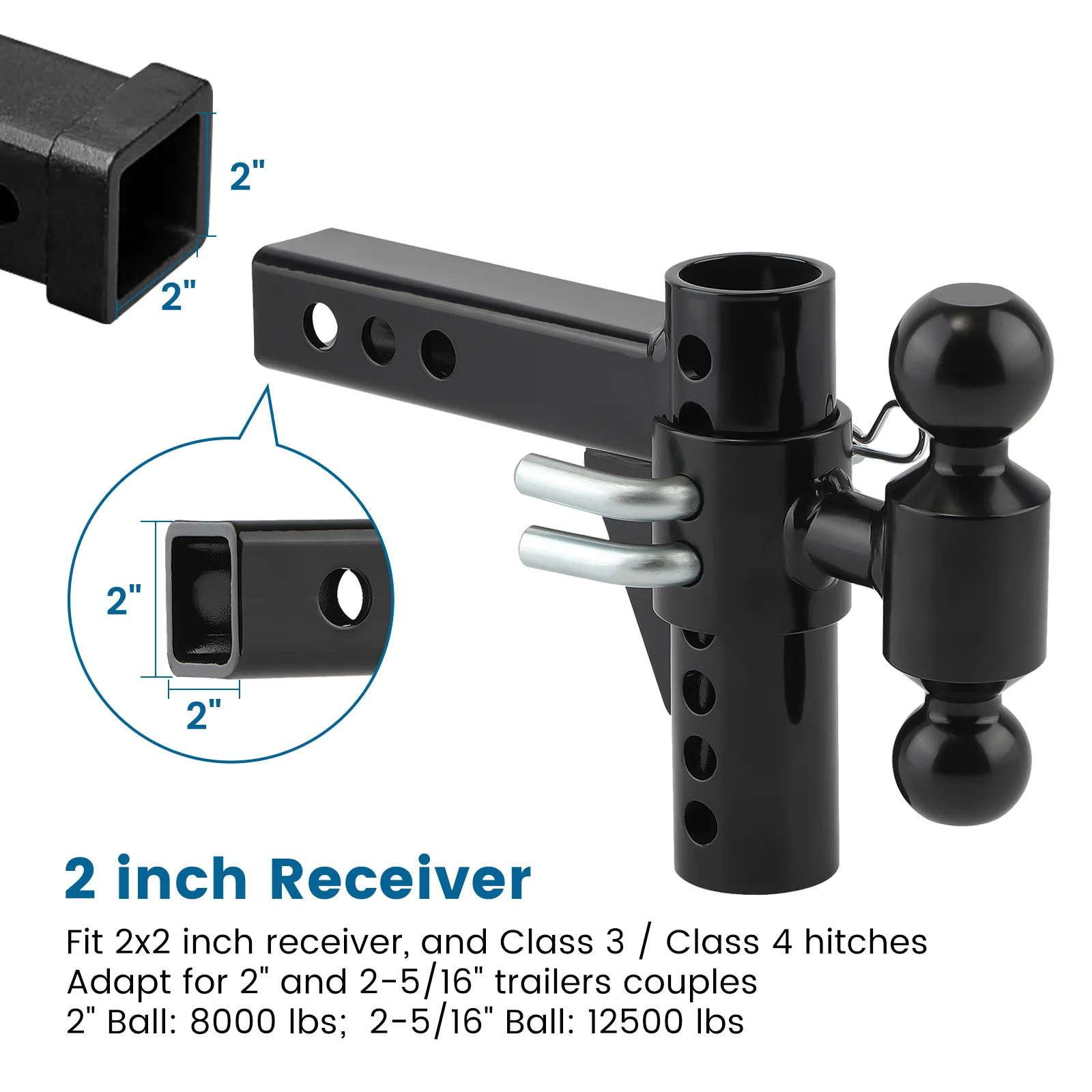 

2" Receiver Towing Hitch Adjustable 6" Drop / 6" Rise Dual Ball Trailer 12500lbs