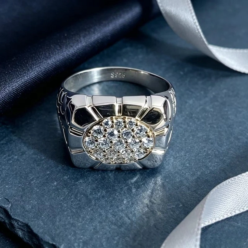 Luxury 18K Gold Plated 925 Sterling Silver Wide Men's Ring with Stamp Design Round Cluster Moissanite Hip Hop Shiny Personality