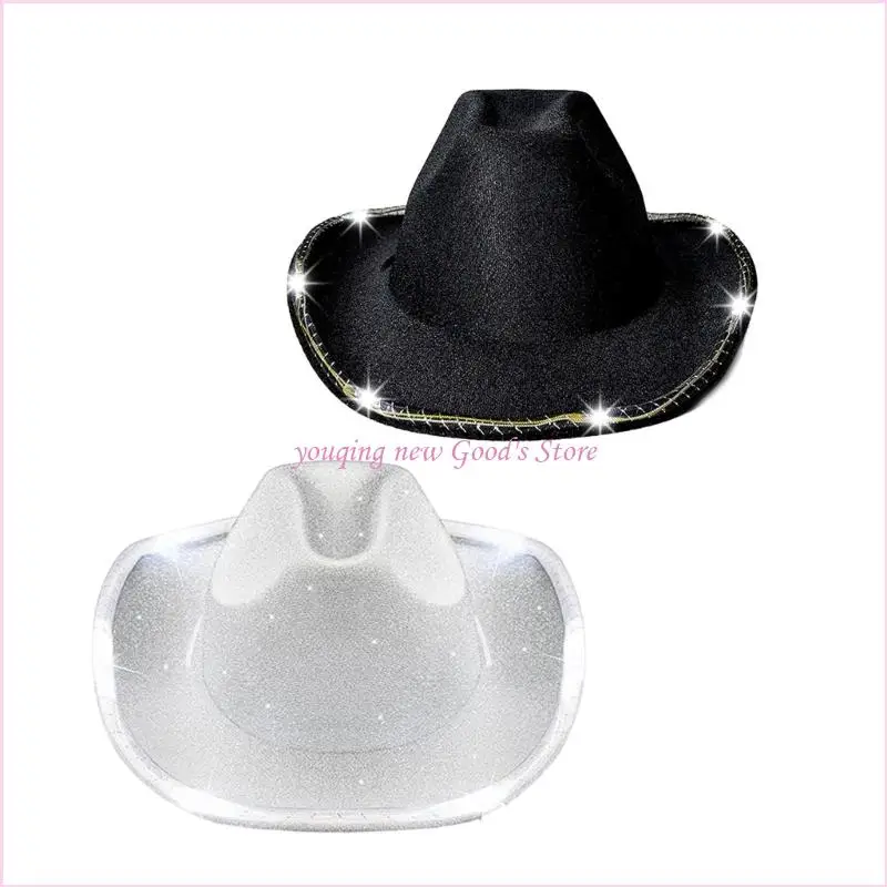

57QA Lighted Western Hat Glitter Detailing Cosplay Caps Headwear Camping Festivals