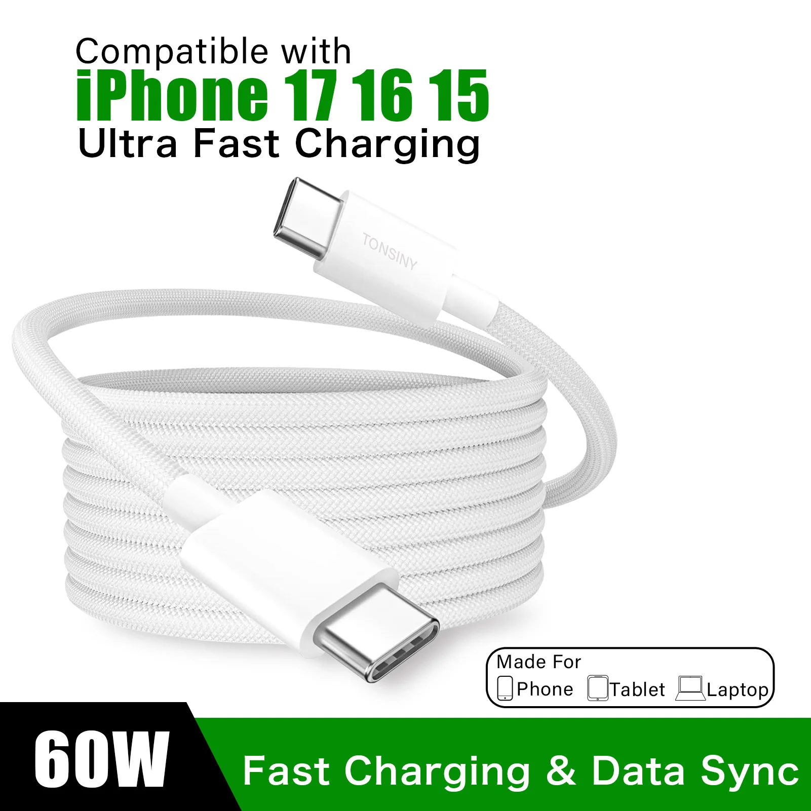New Original 60W USB-C Fast Charge For iPhone 16 17 Pro Max Plus Samsung Xiaomi Huawei Phone Type C Weaving Quick Charging Cable