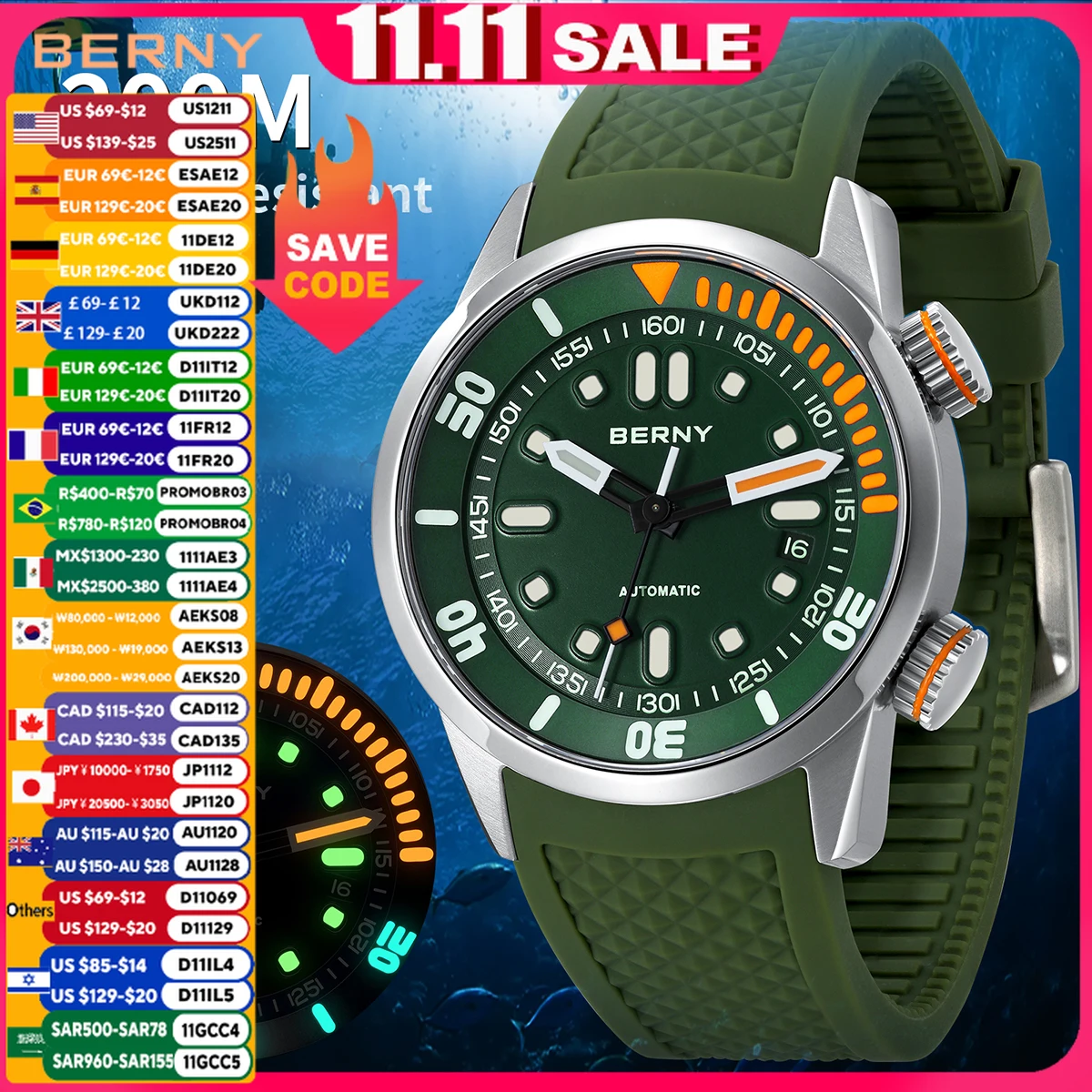 BERNY Relógio de mergulho automático para homens super luminoso design original 20ATM relógio de pulso masculino safira natação esporte relógio mecânico masculino