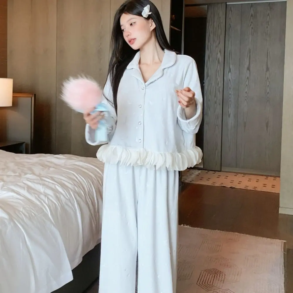 

Soft Long Sleeve Plush Bow Pajamas Set Winter Sweet Velvet Pajamas Suit Ruffle Casual Warm Thicken Sleepwear Women
