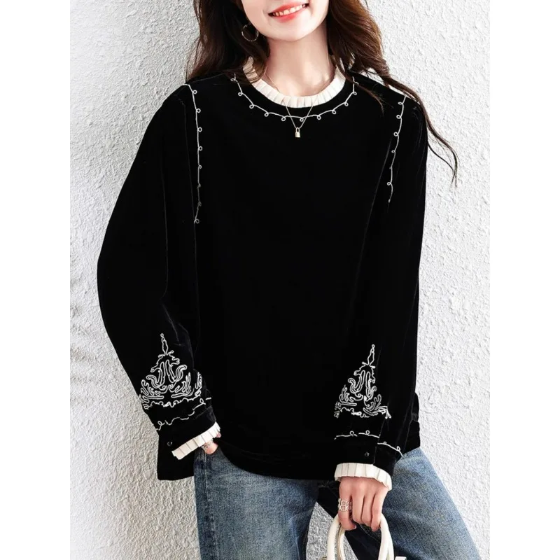 

Women's Fashion Embroidered Retro Velvet Pullover Hoodie with Ruffled Collar Long - Sleeve Casual Top