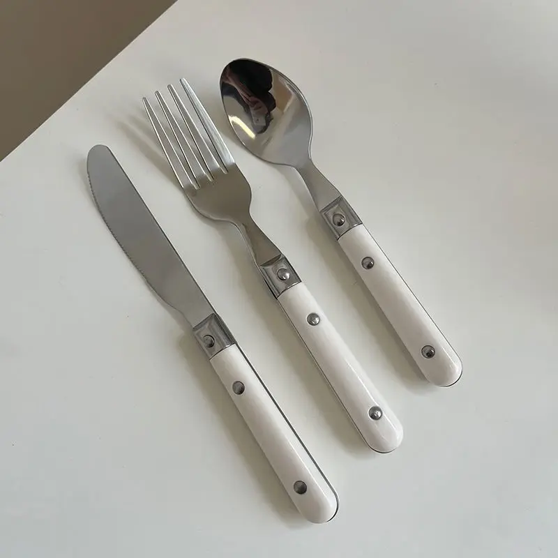 3 Pieces Tableware Dessert Steak Stainless Steel Knife Fork Spoon Plastics Handle Sets Home Accessories Dinner Bar White