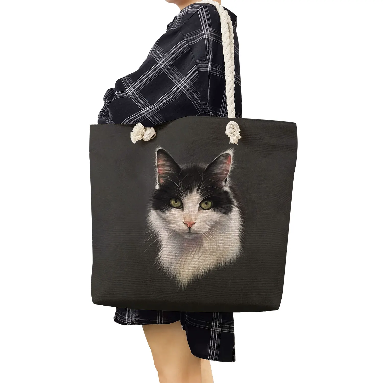 Strand tasche Frauen Totes tragbare Öko wieder verwendbare Polyester Leinen lässige Einkaufstaschen dickes Seil niedlichen Kuh Katze drucken Handtaschen faltbar